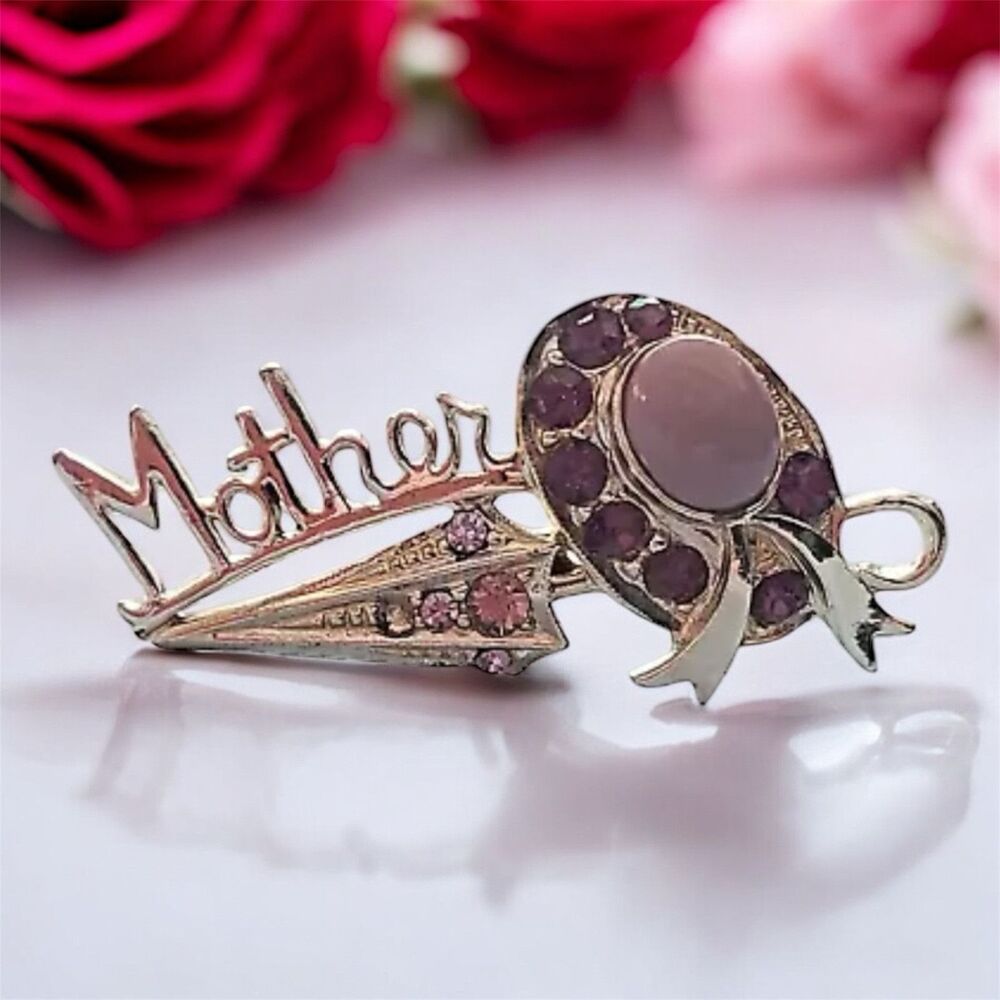 Brooch  Mother purple Rhinestone gold tone 1.75 Inches